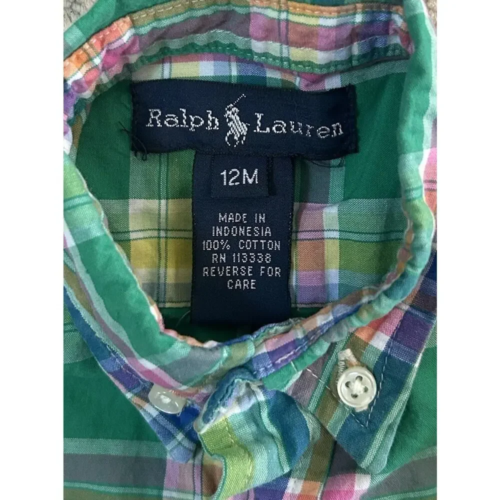 Ralph Lauren Baby Boy 12 Month Cotton Long Sleeve Button Up Shirt Green Plaid